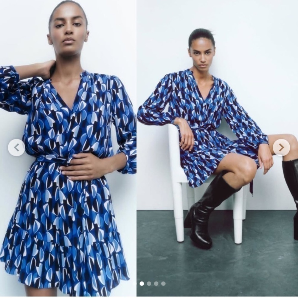 Zara Blue Geometric Print Ruffle Mini Dress Belted V Neck Long Sleeve XS - Picture 9 of 10